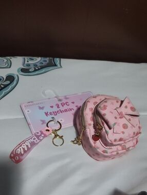 Under One Sky Pink Strawberry Bow Mini Backpack Keychain Set
